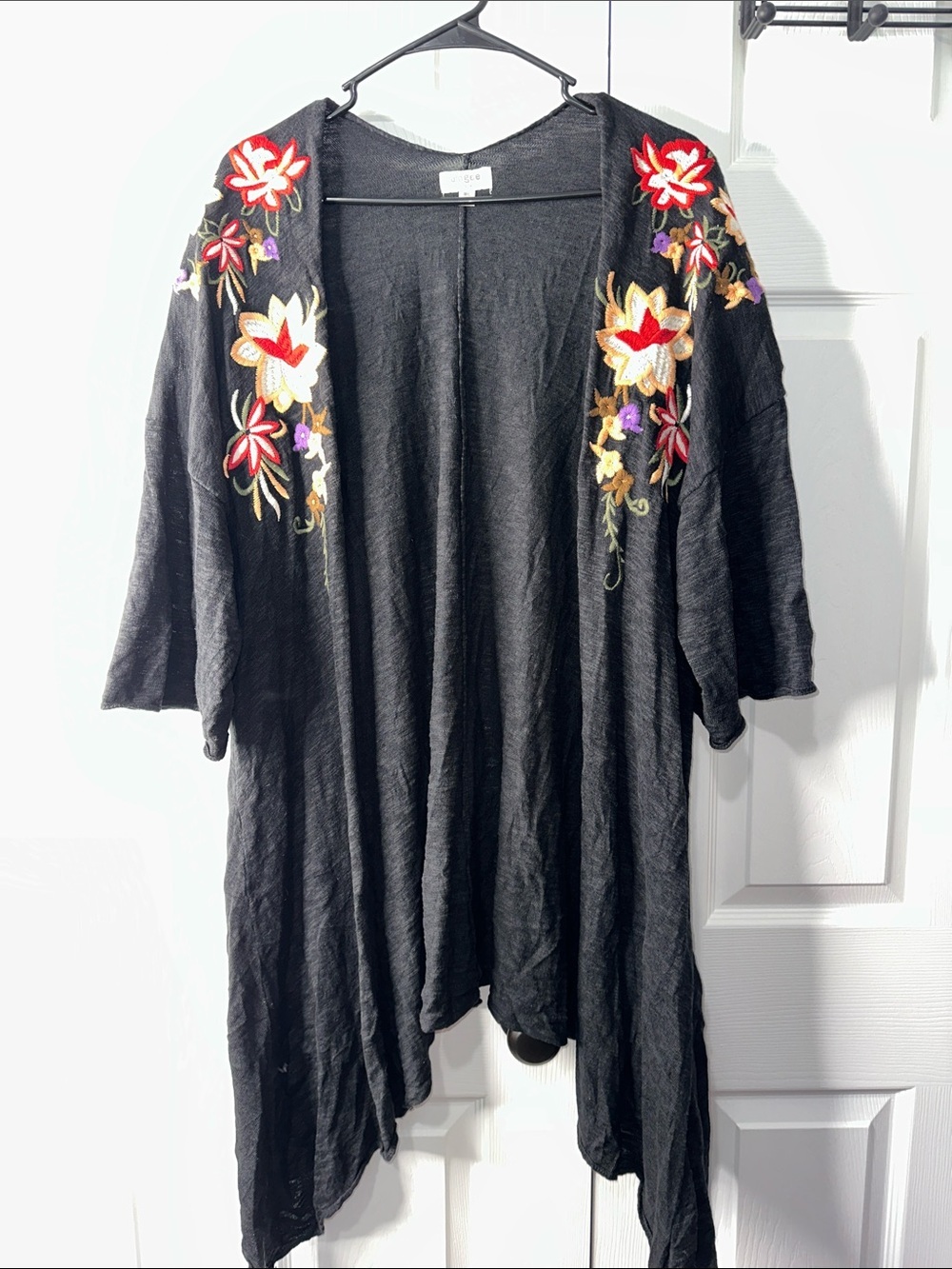 Umgee Black Open Front Kimono with Multicolor Floral Embroidery